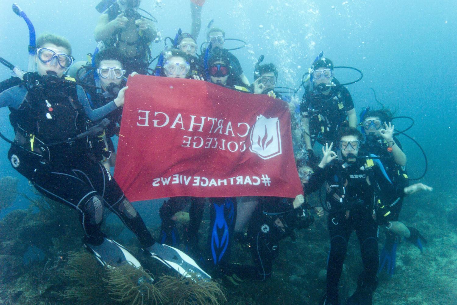 学生们手持<a href='http://srhh.ngskmc-eis.net'>bv伟德ios下载</a>旗帜，在j学期洪都拉斯游学之旅中潜水.
